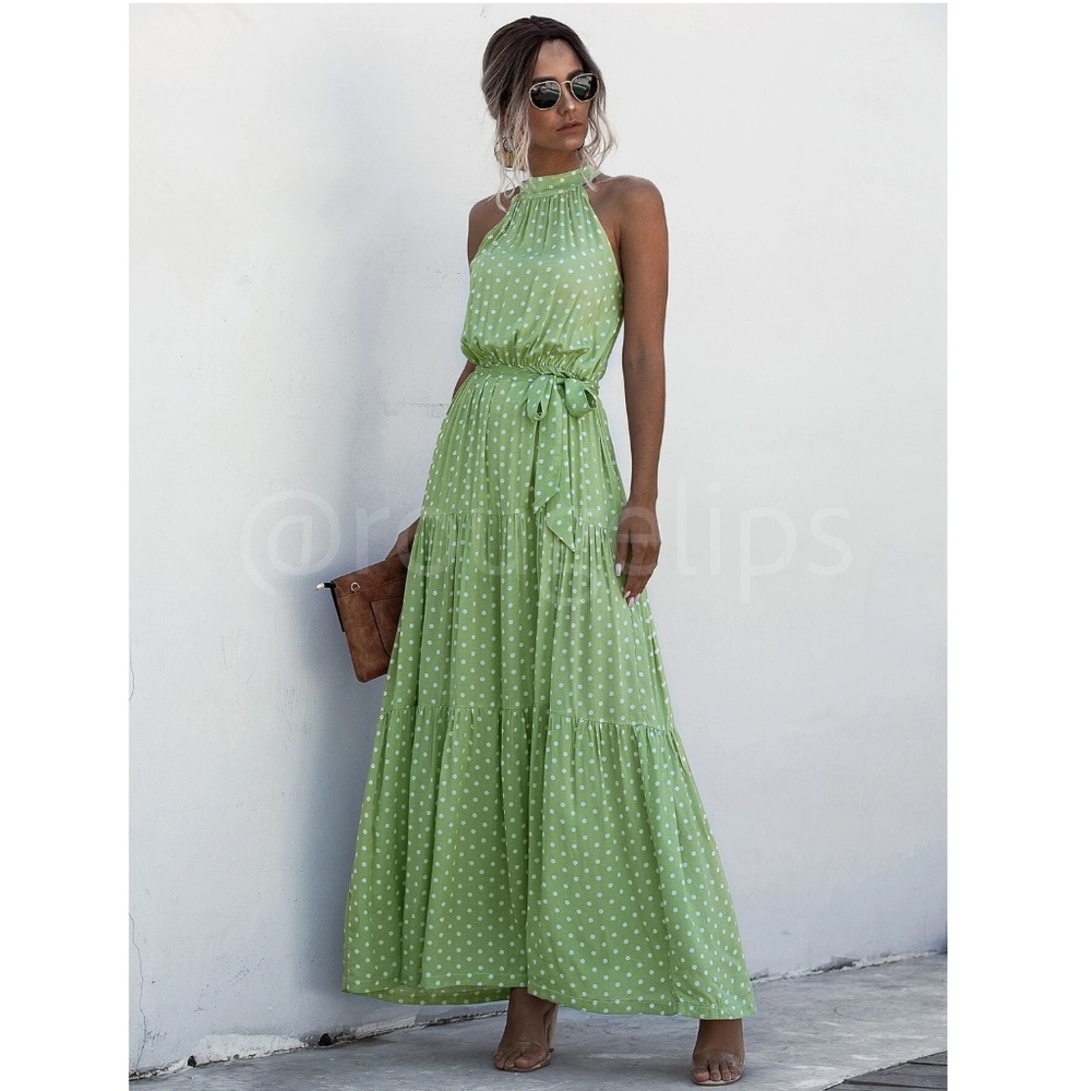 Polka Dot Print Maxi Dress Tie Belt High Neck White Green Long Flared Halter